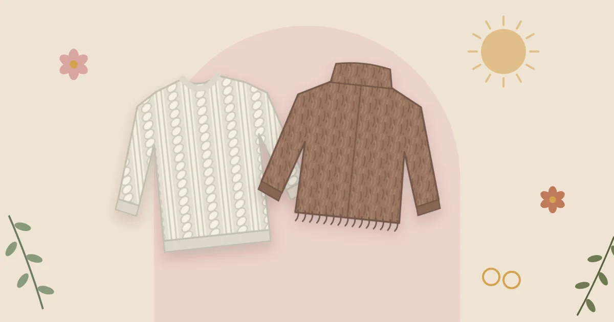 Illustrated flat-lay of a cable sweater and a faux-fur jacket